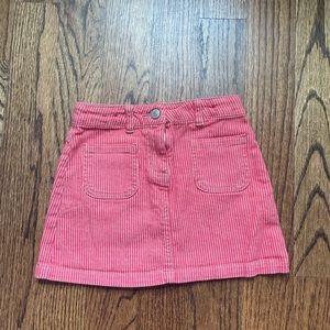 Mini Boden red and white pinstripe denim mini skirt. Super cute